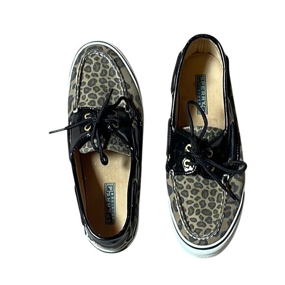 Sperry Black and Leopard Pattern Boat Shoes. 8M - Picture 1 of 4
